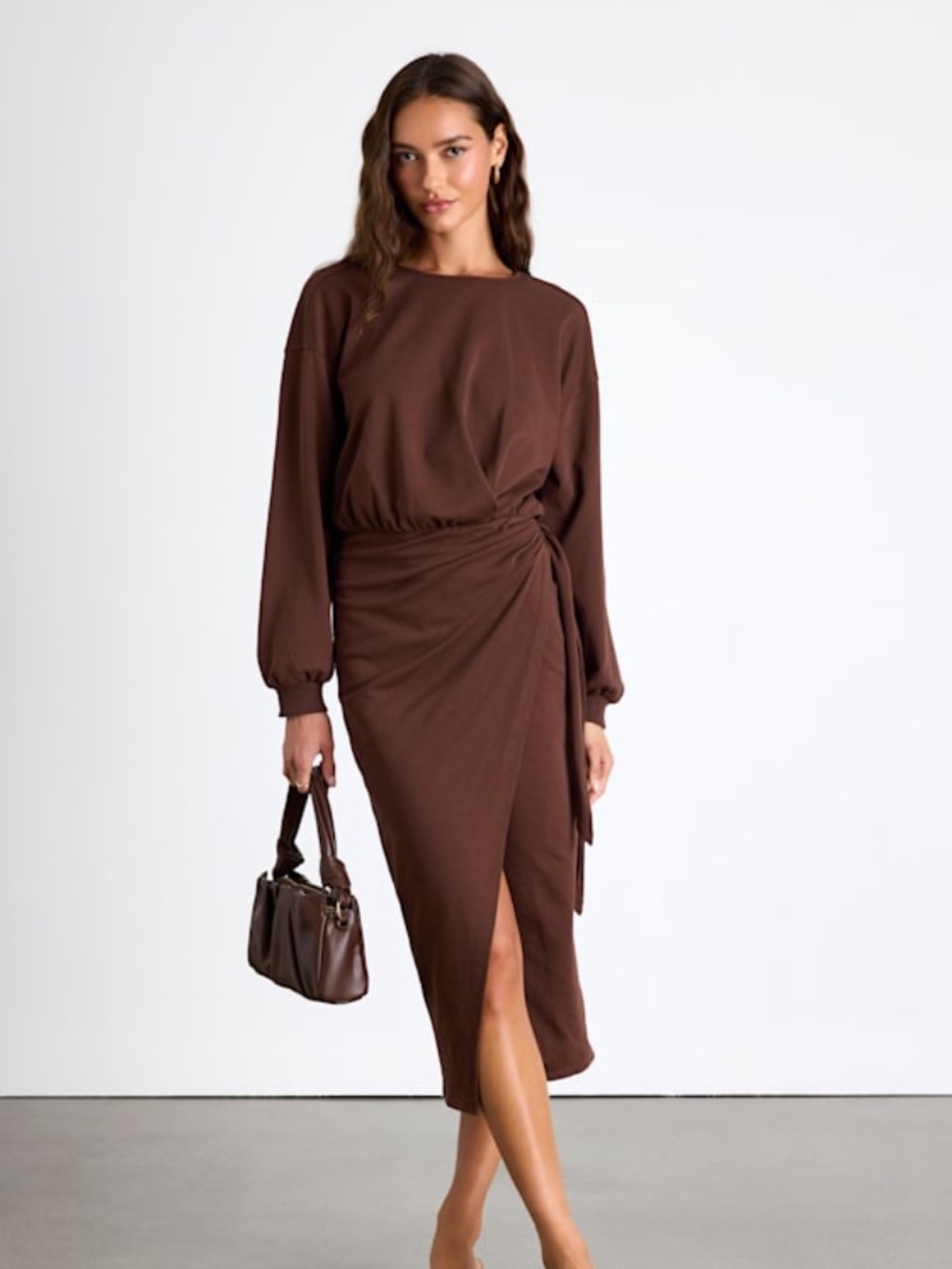 Lulus Eunia Brown Jersey Knit Long Sleeve Wrap Midi Dress - Size S